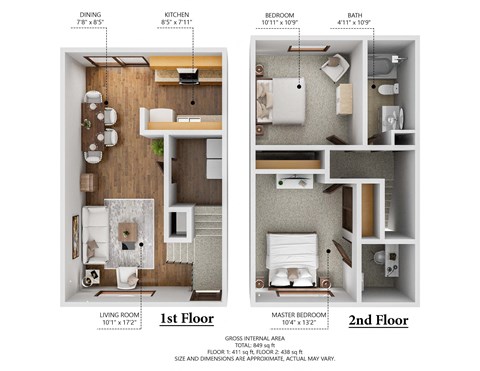 Floor plan for 2 beds, 1 bath, 950 sqft